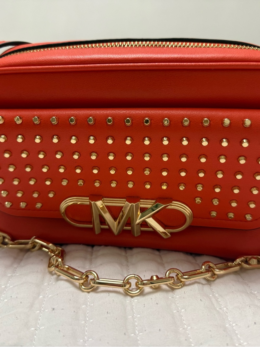 Michael Kors Orange Leather Studded Crossbody with Gold MK Emblem